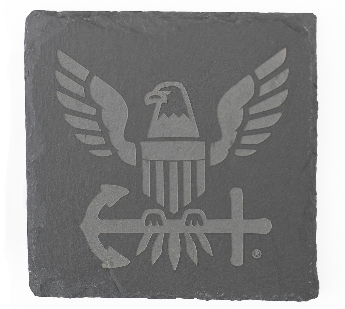 Slate coaster with engraved eagle and anchor design on a white background