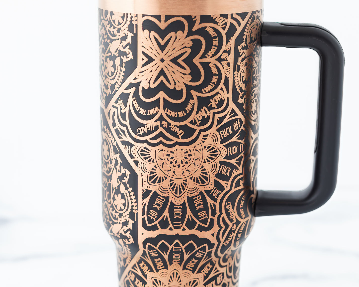 40oz Black or Cream Tumbler with Handle Laser Engraved with Hidden Cuss Word (f*ck) Mandala