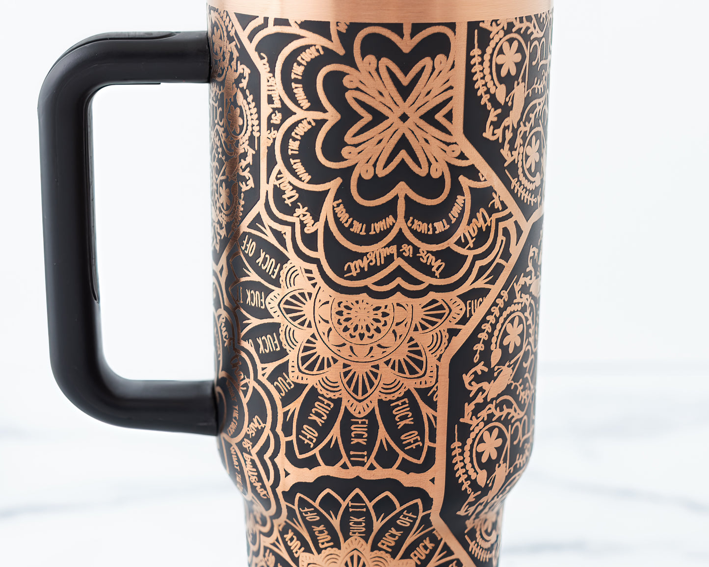 40oz Black or Cream Tumbler with Handle Laser Engraved with Hidden Cuss Word (f*ck) Mandala