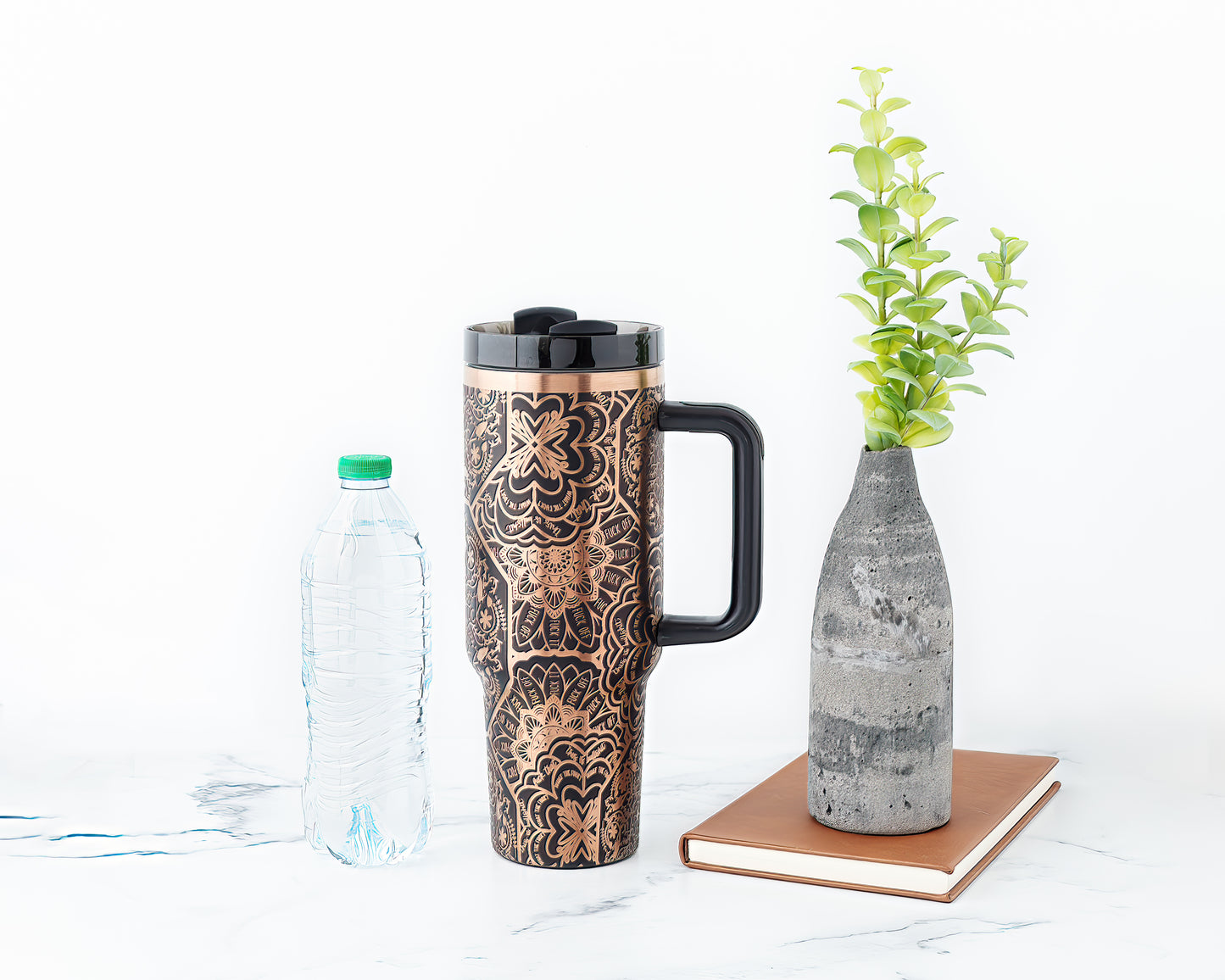 40oz Black or Cream Tumbler with Handle Laser Engraved with Hidden Cuss Word (f*ck) Mandala