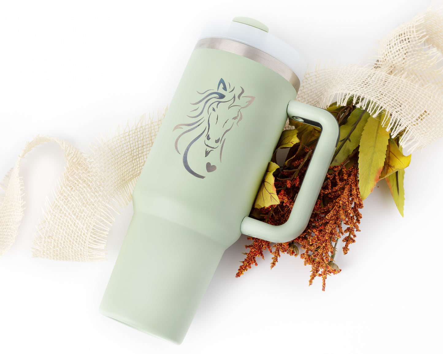 40oz Tumbler with Handle Laser Engraved with Horse and Heart Design