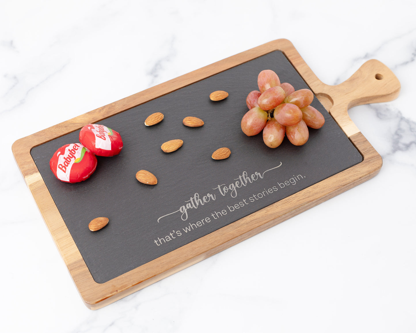 "Gather Together" Slate & Acacia Cheese Board – Laser Engraved Host or Housewarming Gift