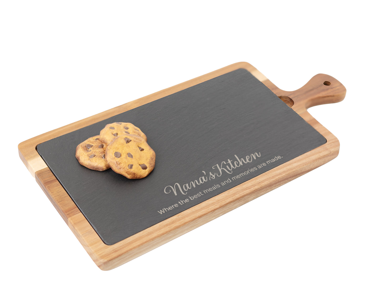 Personalized Slate & Acacia Serving Tray – "Nana’s Kitchen" Custom Charcuterie Board Gift