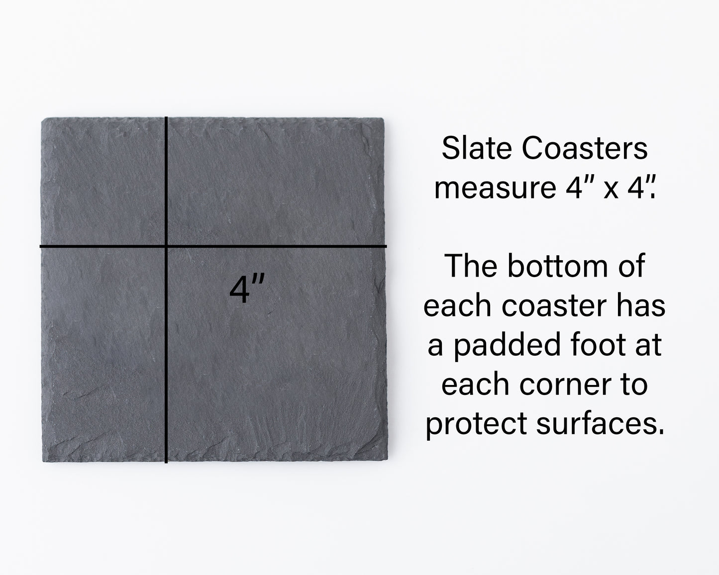 Slate coaster with dimensions and padding information on a white background