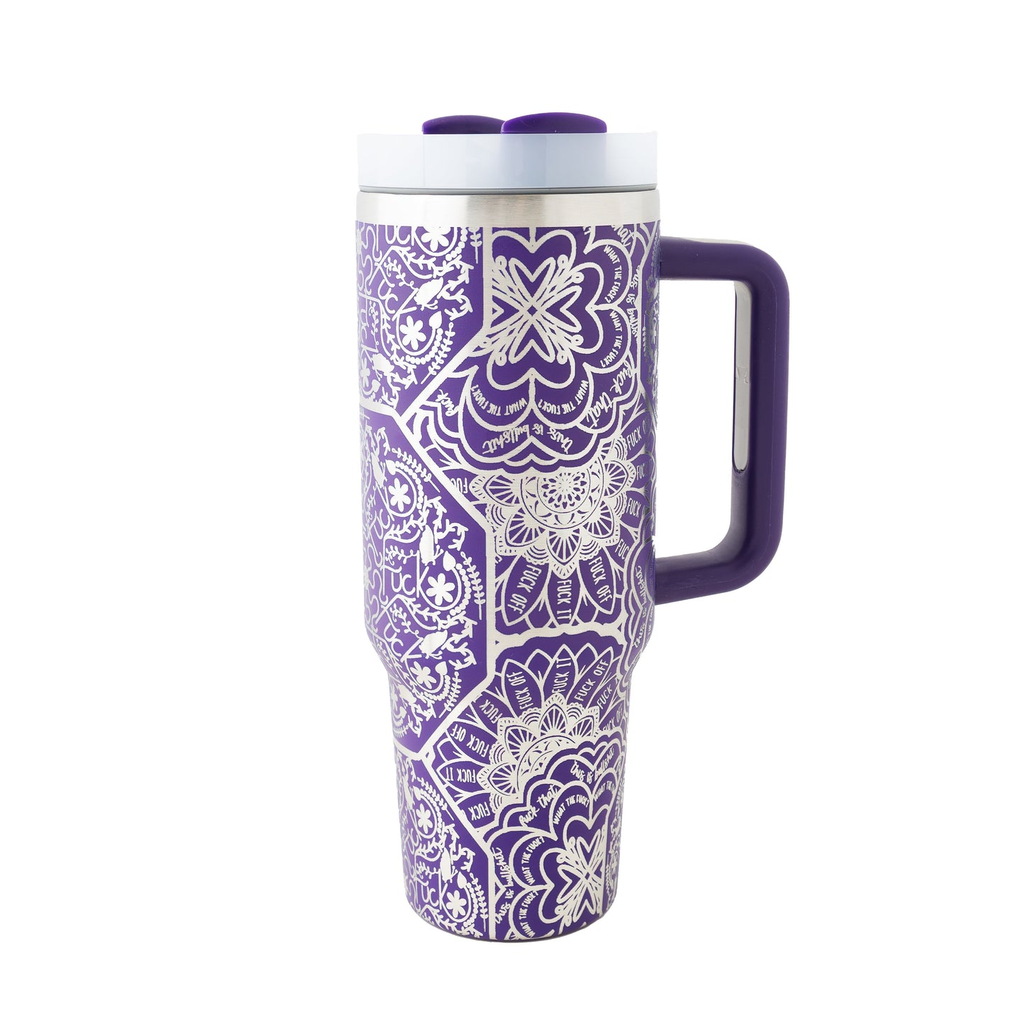 40oz Tumbler with Handle Laser Engraved with Hidden Cuss Word (f*ck) Mandala