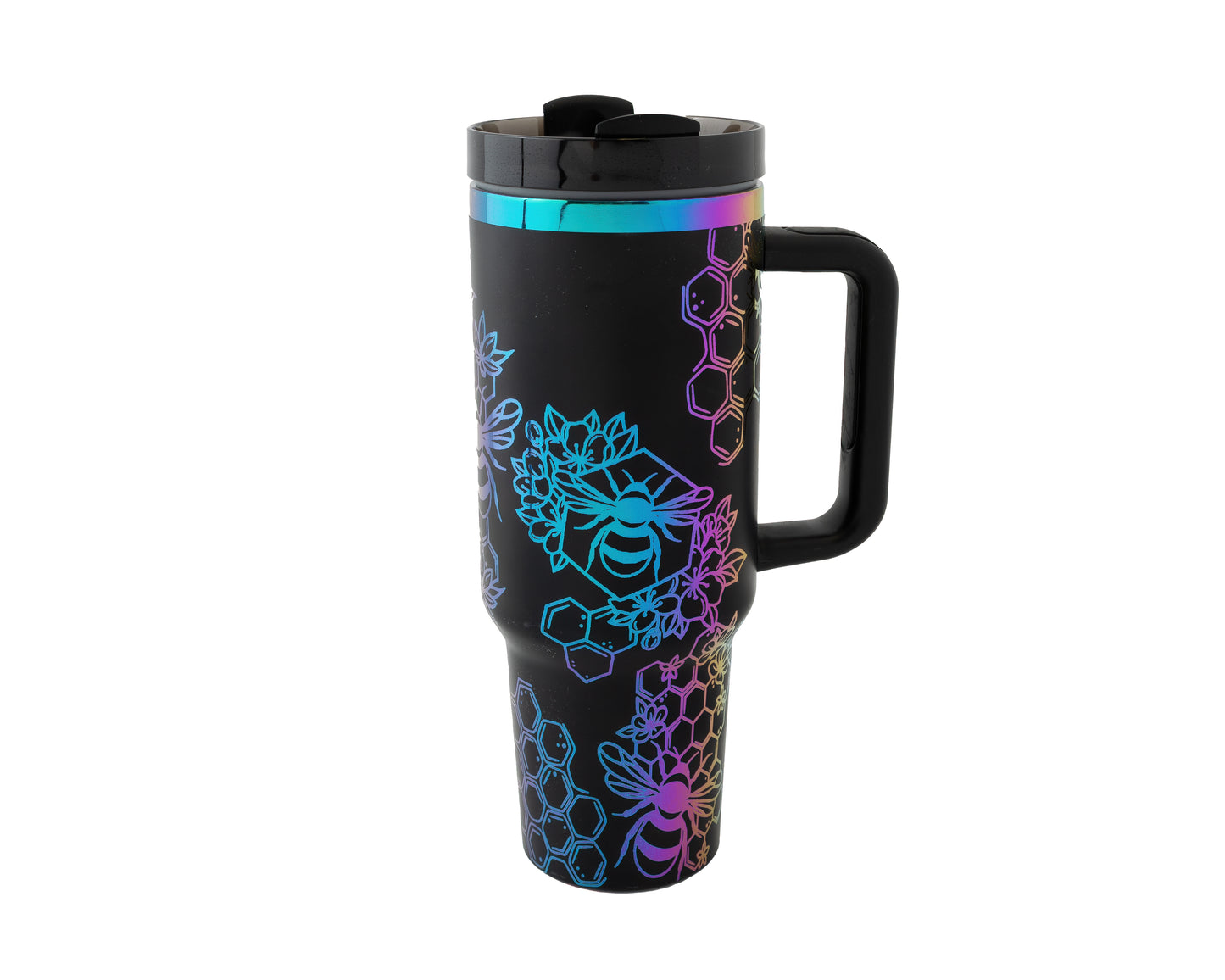 40oz Tumbler with Handle Laser Engraved with Bumble Bee and Honeycomb Design