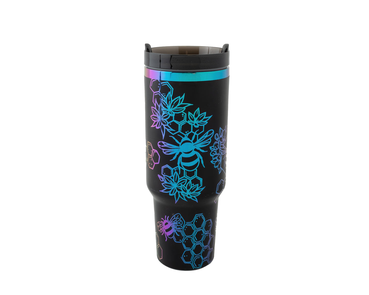 40oz Tumbler with Handle Laser Engraved with Bumble Bee and Honeycomb Design