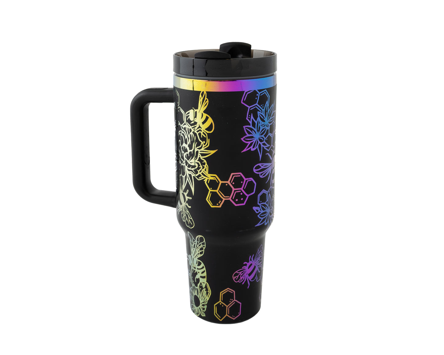 40oz Tumbler with Handle Laser Engraved with Bumble Bee and Honeycomb Design