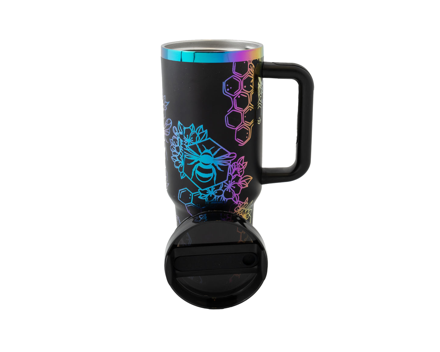 40oz Tumbler with Handle Laser Engraved with Bumble Bee and Honeycomb Design