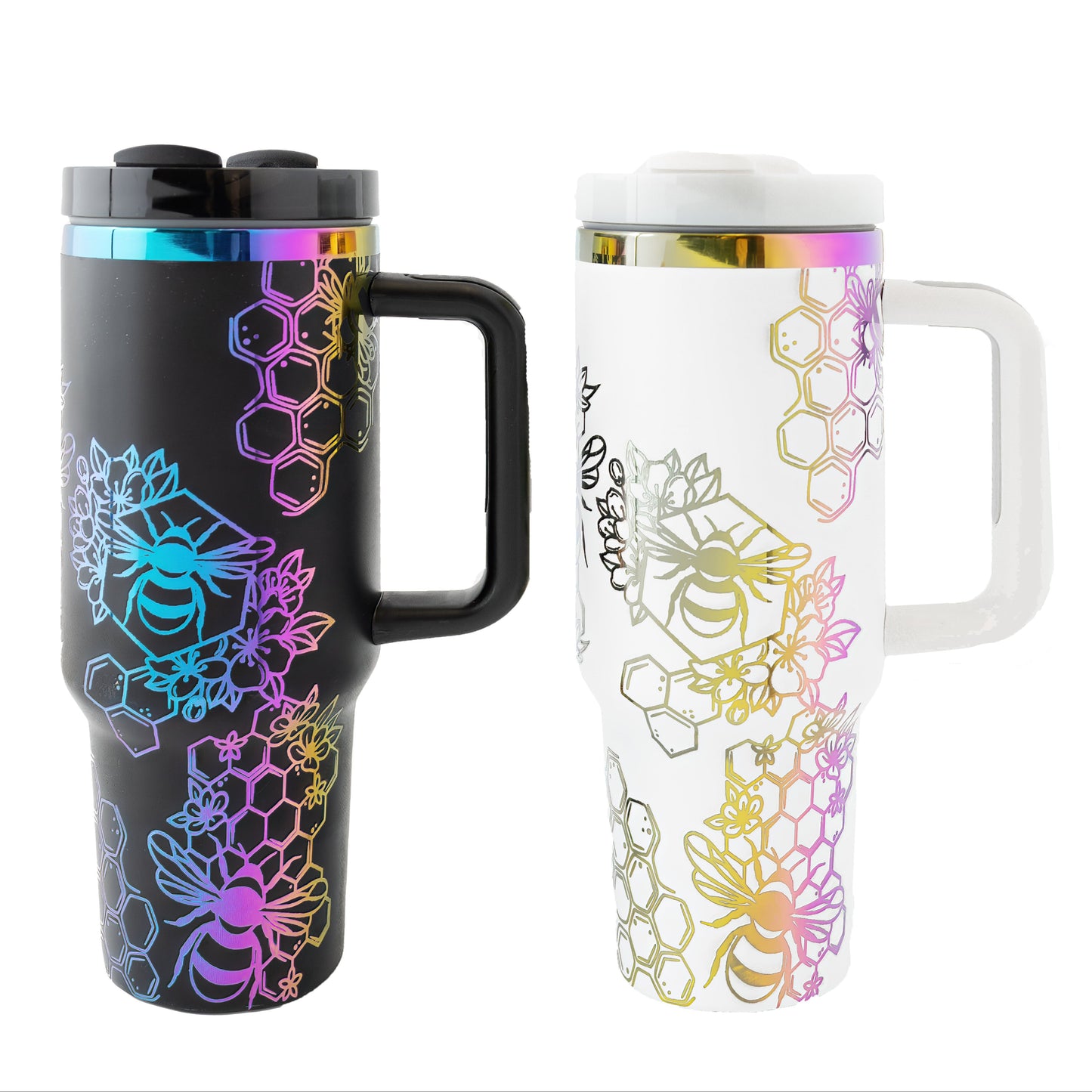 40oz Tumbler with Handle Laser Engraved with Bumble Bee and Honeycomb Design