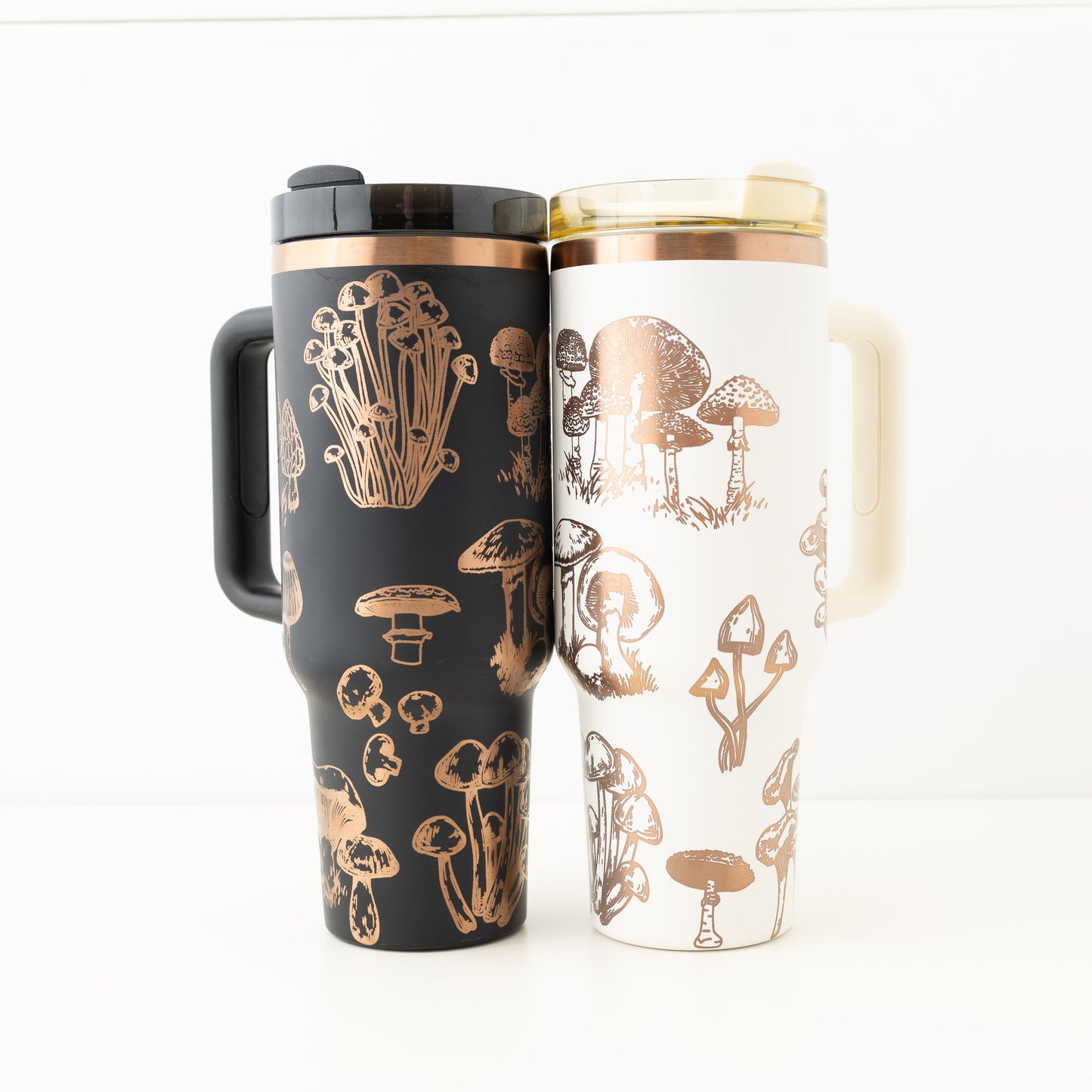 40oz Black or Cream Tumbler with Handle Laser Engraved with Mushroom Design