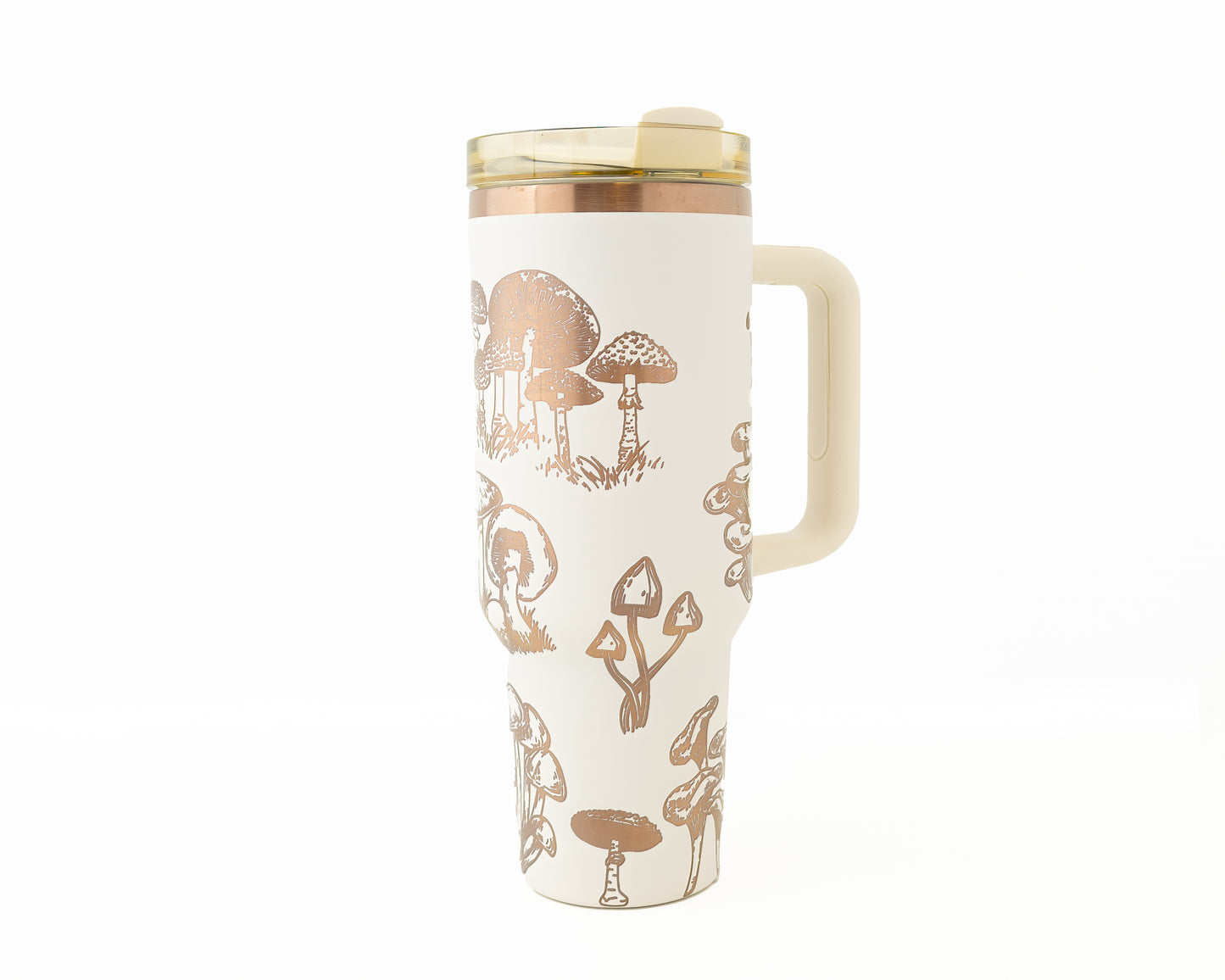 40oz Black or Cream Tumbler with Handle Laser Engraved with Mushroom Design