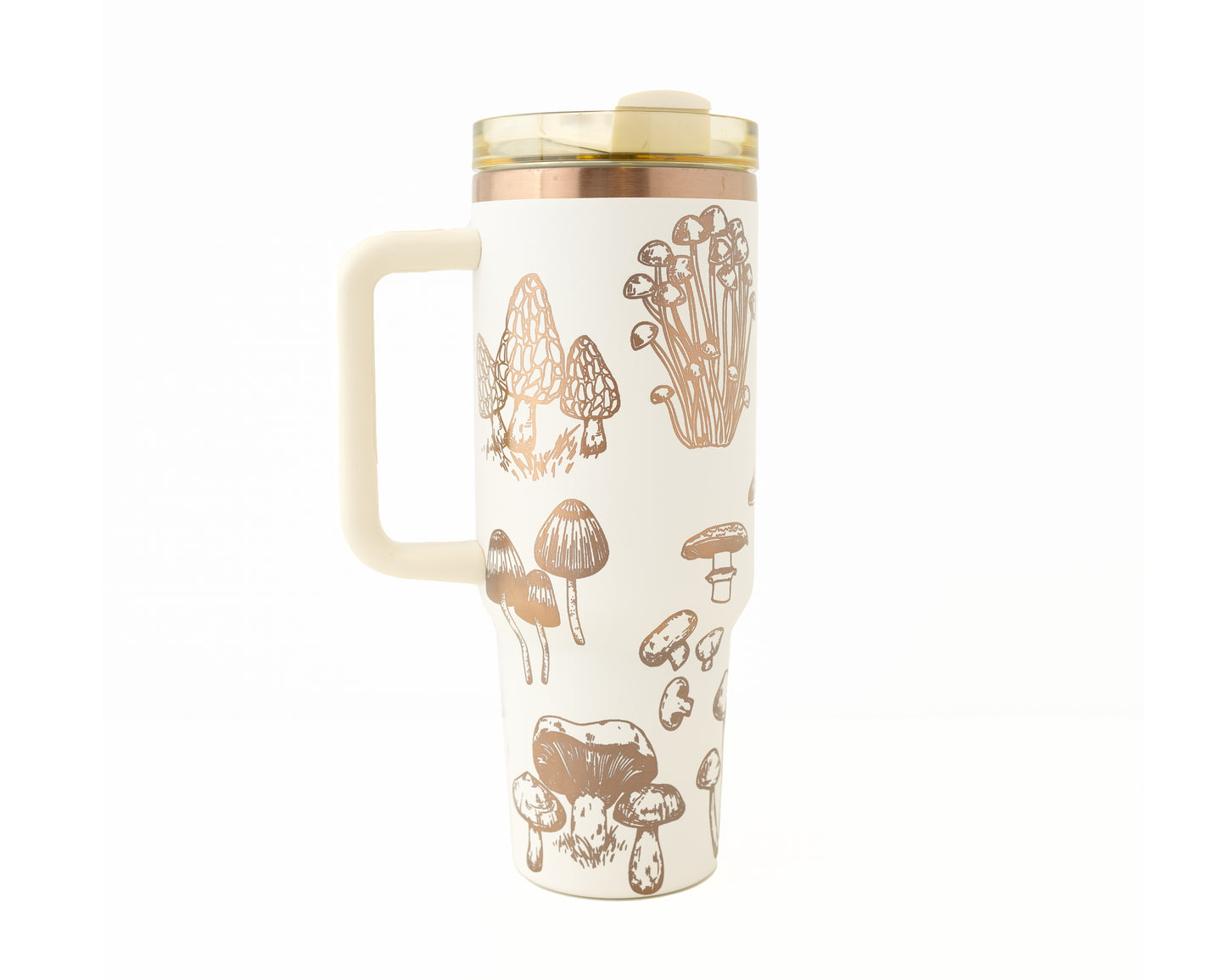 40oz Black or Cream Tumbler with Handle Laser Engraved with Mushroom Design