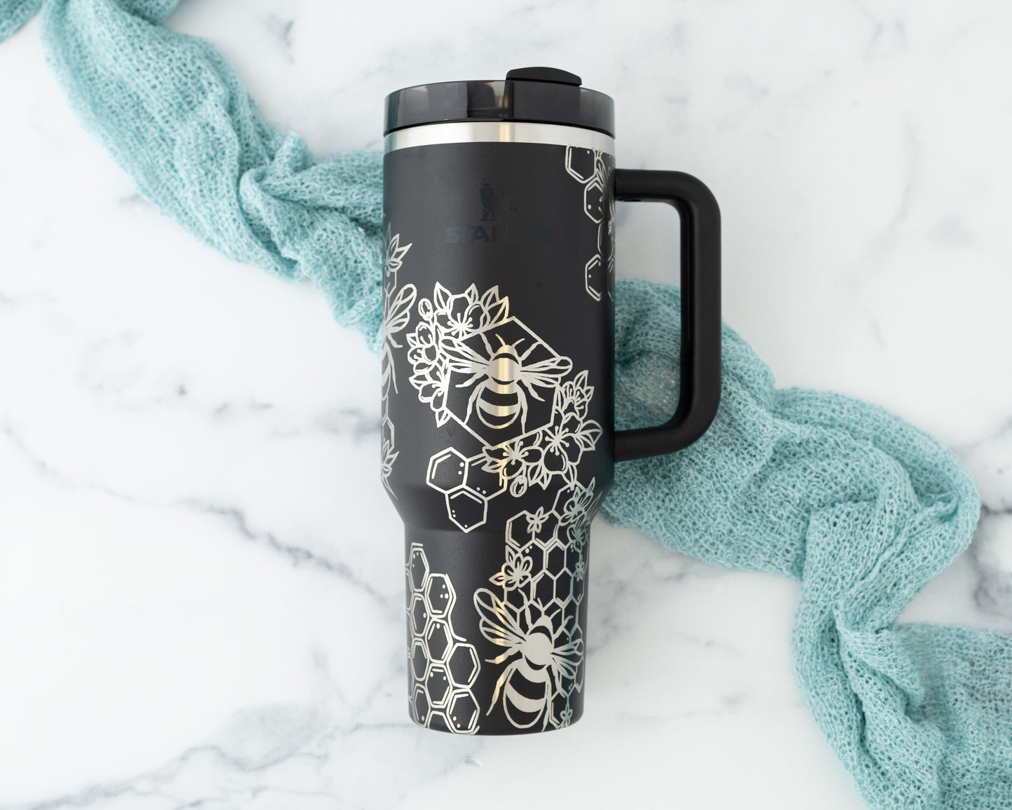 30oz Stanley Tumbler with Handle – Laser Engraved Bumble Bee & Honeycomb Design | Nature Lover or Gardener Gift