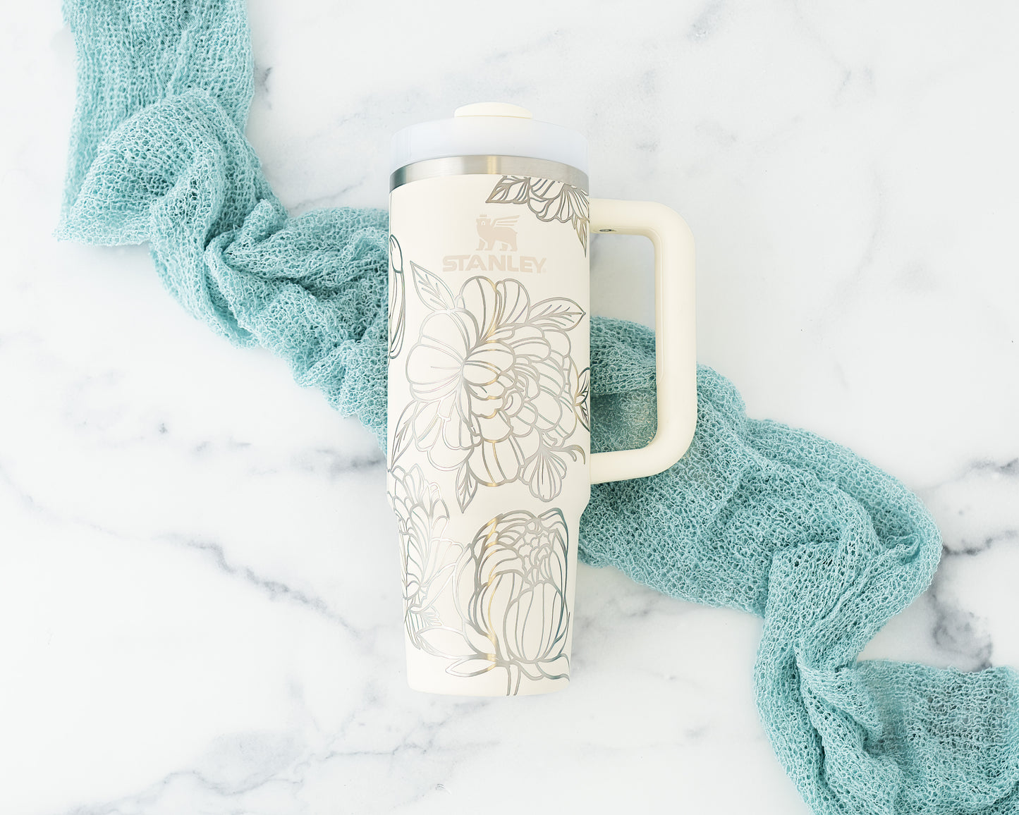 30oz Stanley Tumbler – Laser Engraved with Peony Flower Wrap | Floral Quencher Gift for Garden Enthusiasts