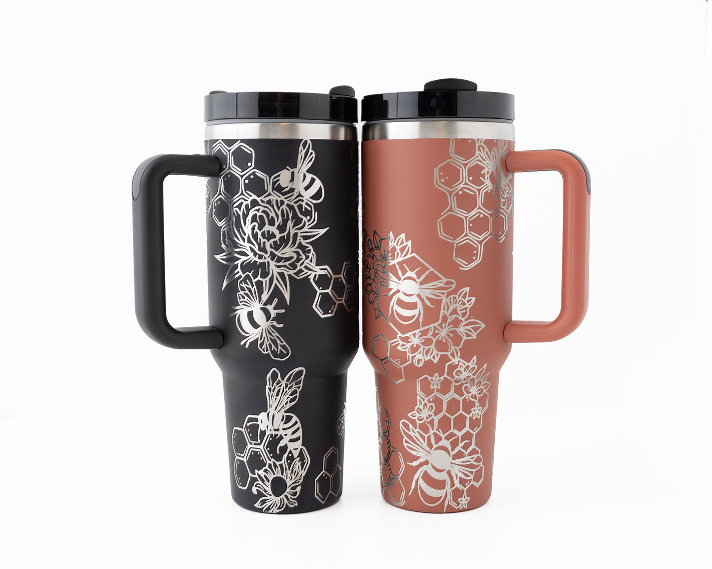 40oz Tumbler with Handle Laser Engraved with Bumble Bee & Honeycomb Design