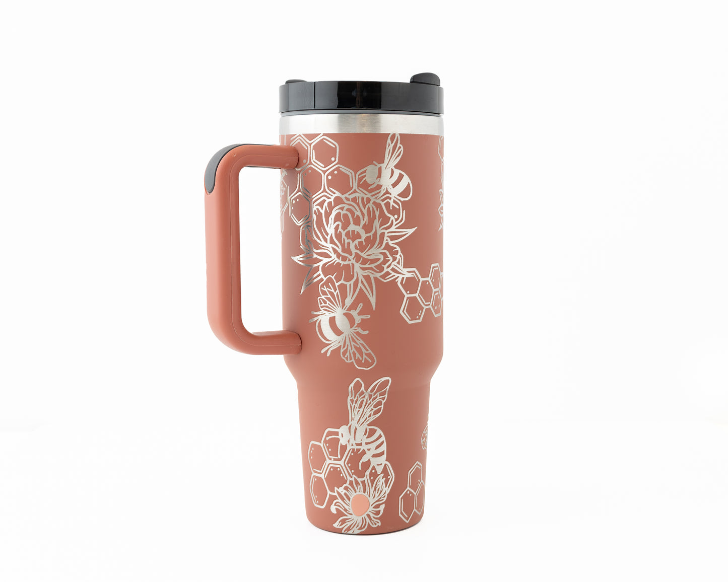 40oz Tumbler with Handle Laser Engraved with Bumble Bee & Honeycomb Design