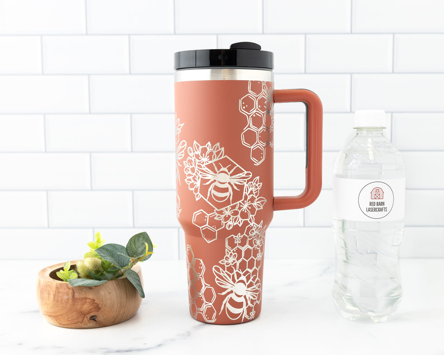 40oz Tumbler with Handle Laser Engraved with Bumble Bee & Honeycomb Design