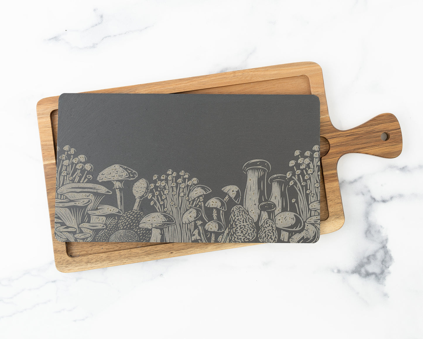 Mushroom Slate & Acacia Cheese Board – Engraved Charcuterie Gift for Hosts or Food Lovers