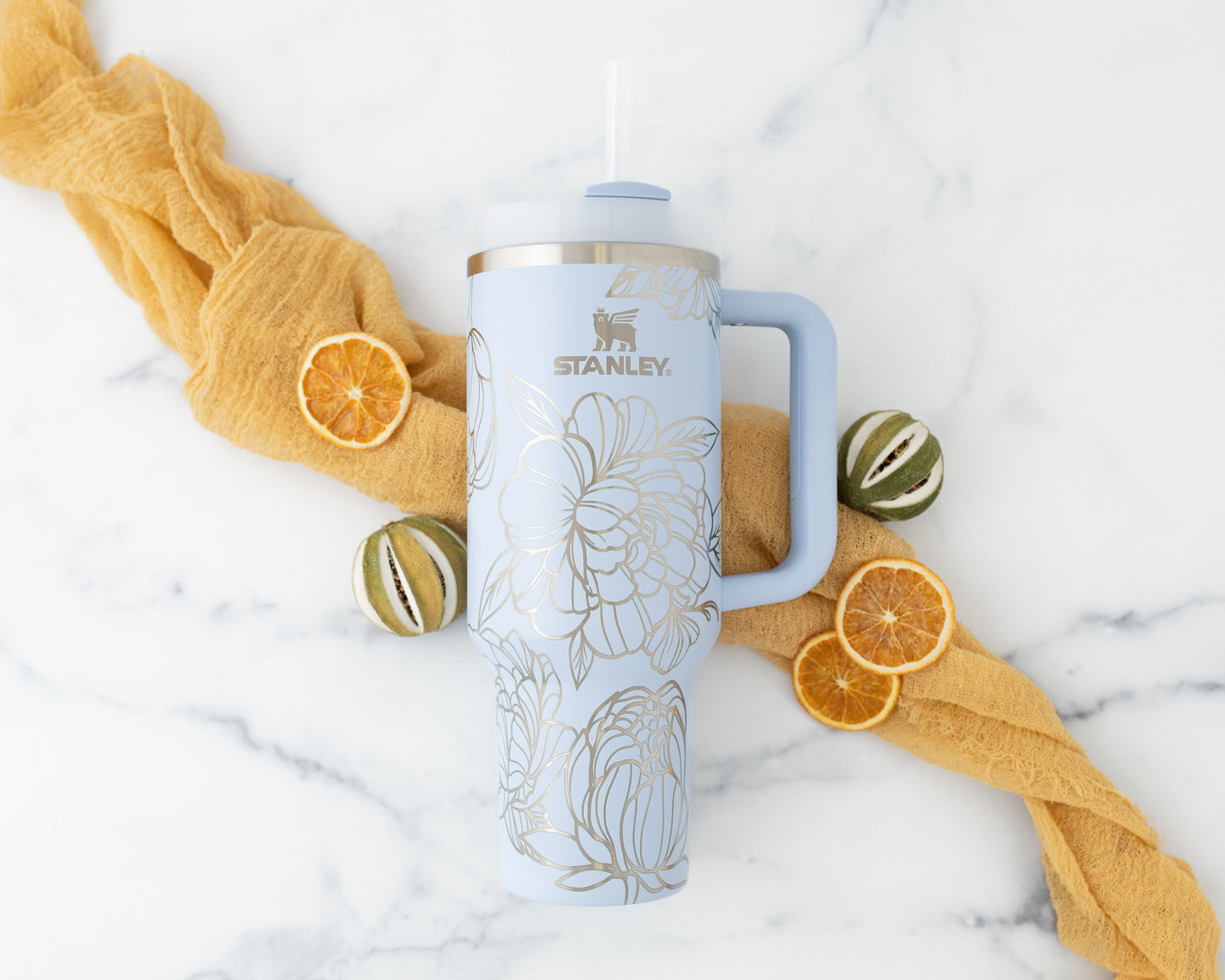 40oz Stanley Tumbler Laser Engraved with Peony Flower Wrap