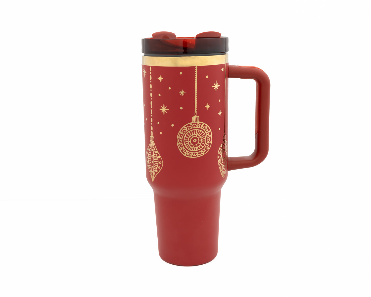 40oz Cranberry or Cherry Tumbler with Handle Laser Engraved with Holiday Ornament Design