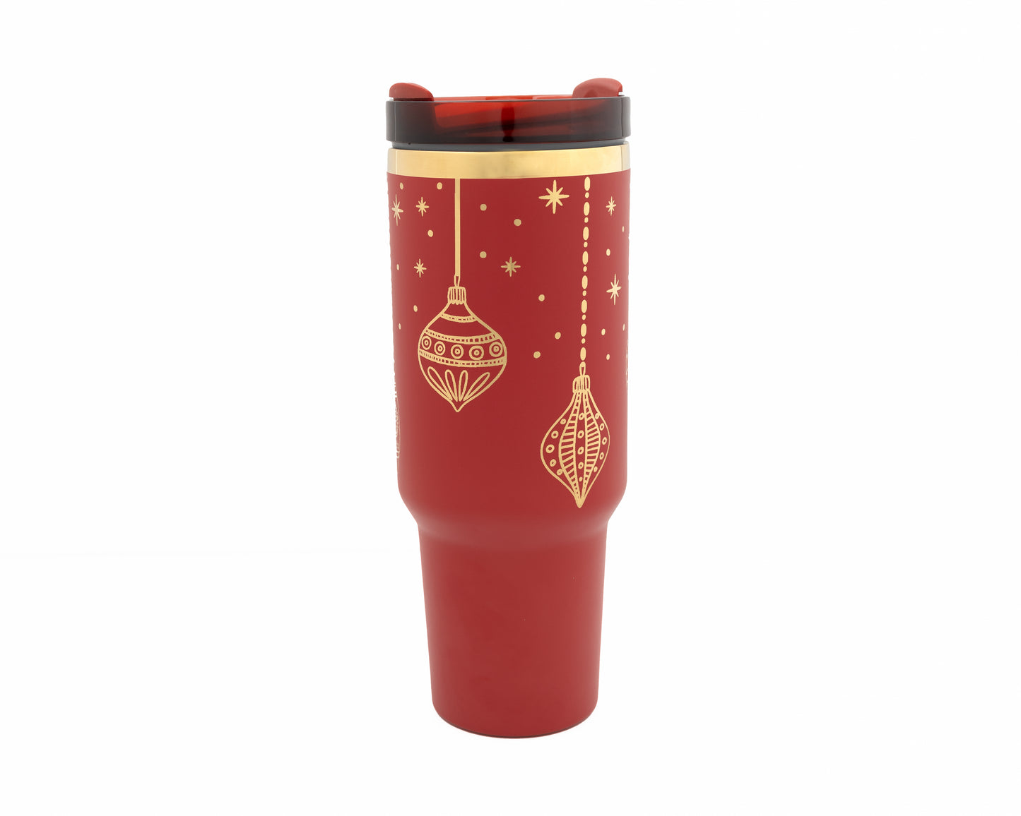 40oz Cranberry or Cherry Tumbler with Handle Laser Engraved with Holiday Ornament Design