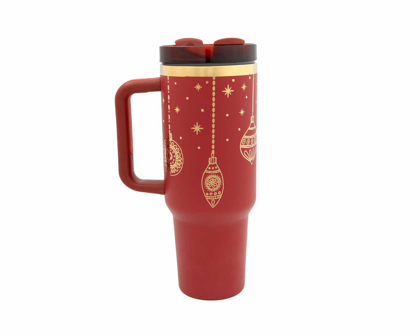 40oz Cranberry or Cherry Tumbler with Handle Laser Engraved with Holiday Ornament Design