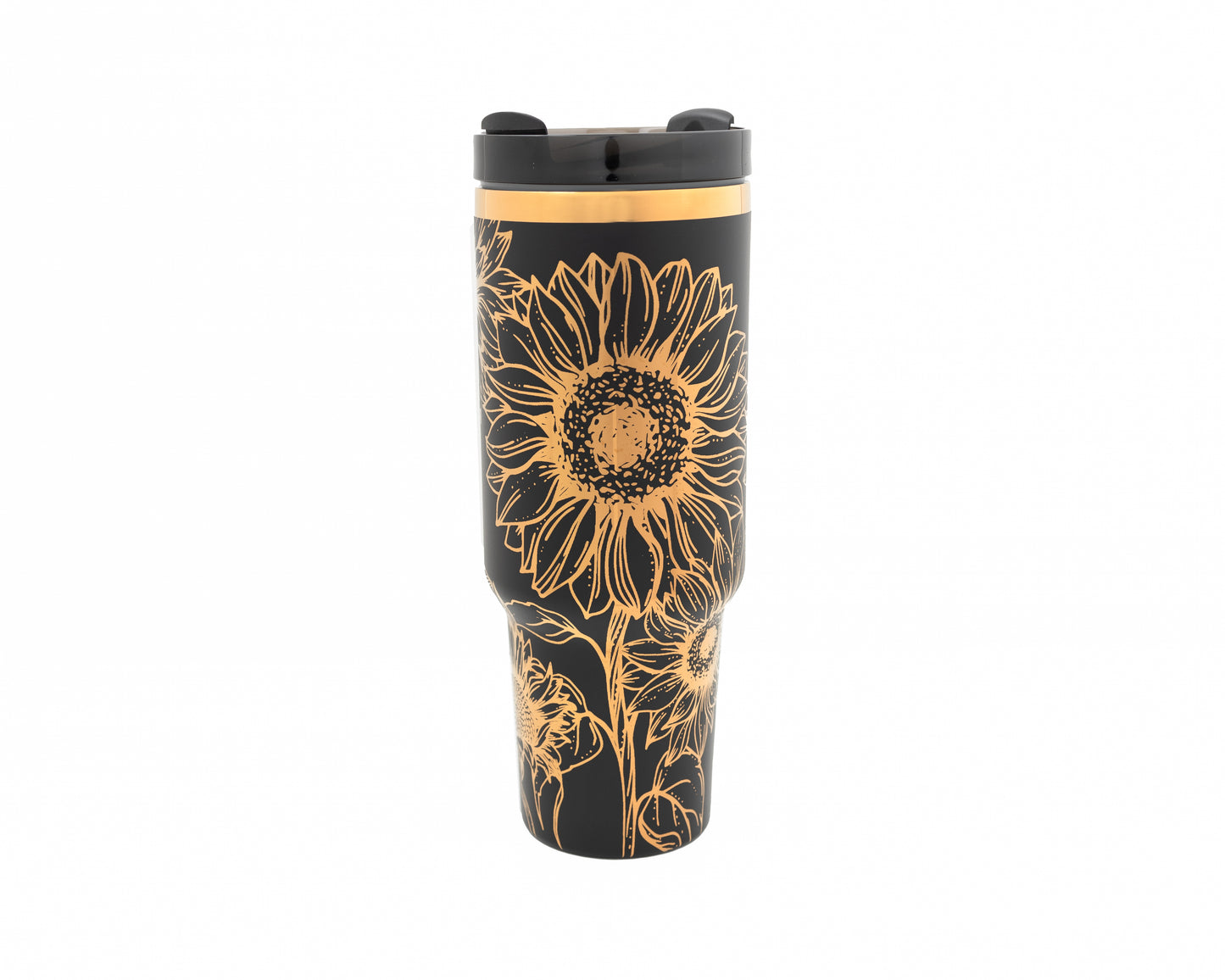 40oz Black or Cream Tumbler with Handle Laser Engraved with Sunflowers