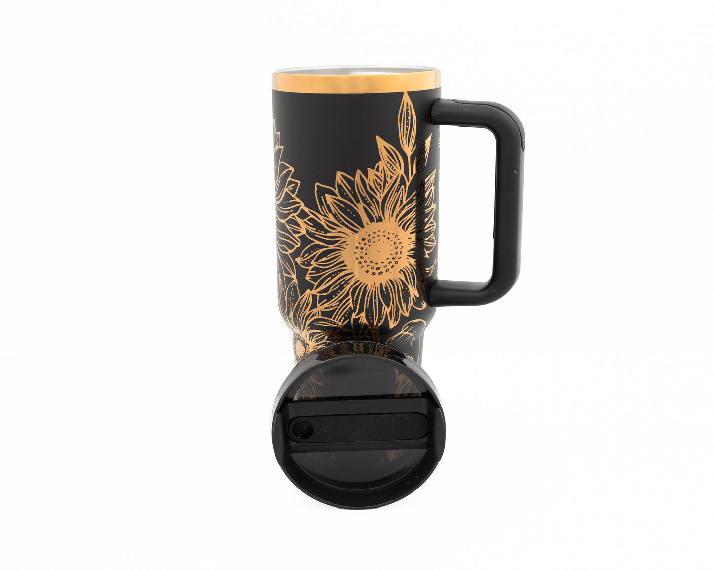 40oz Black or Cream Tumbler with Handle Laser Engraved with Sunflowers