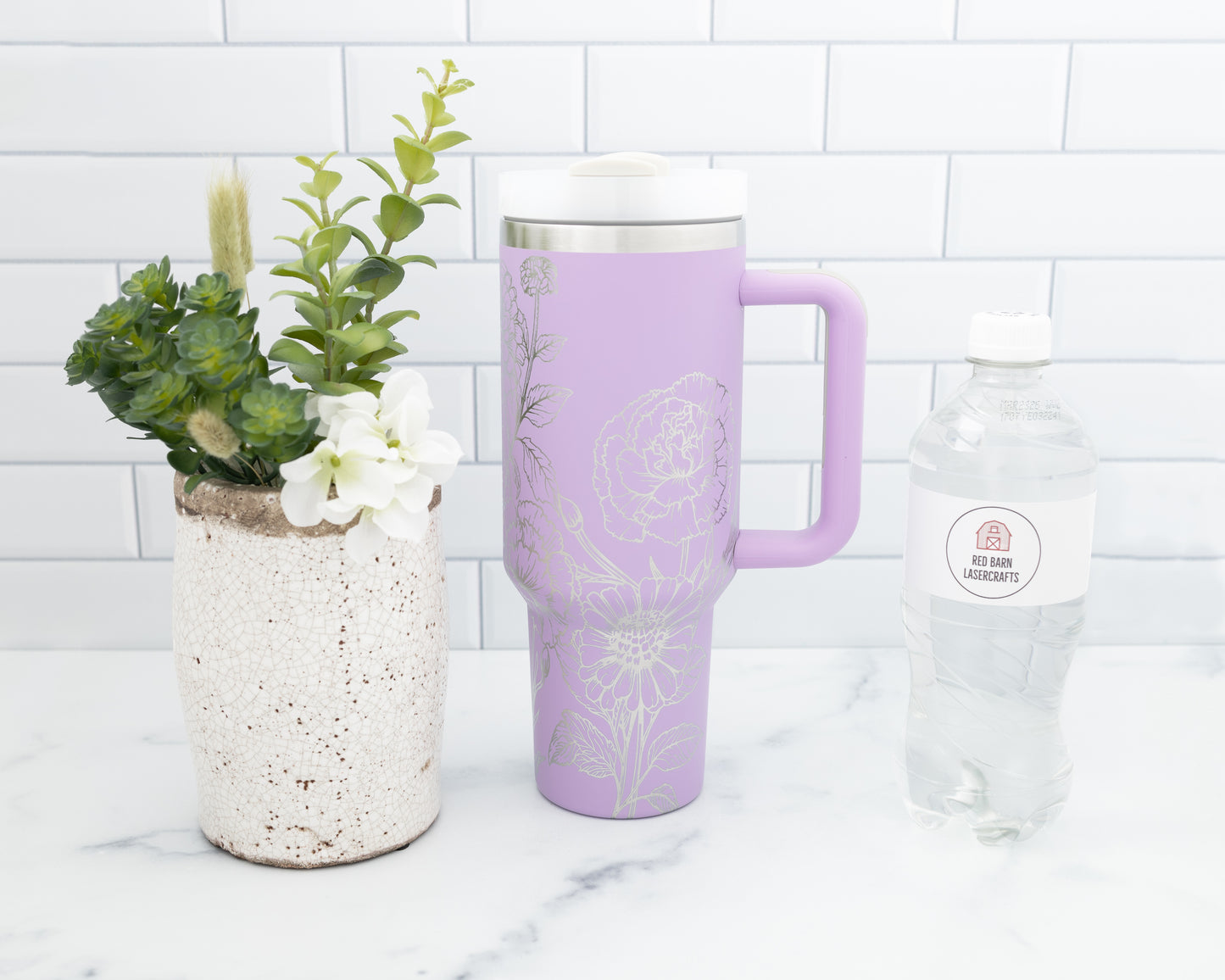 40oz Tumbler with Handle Laser Engraved with Zinnias & Carnations