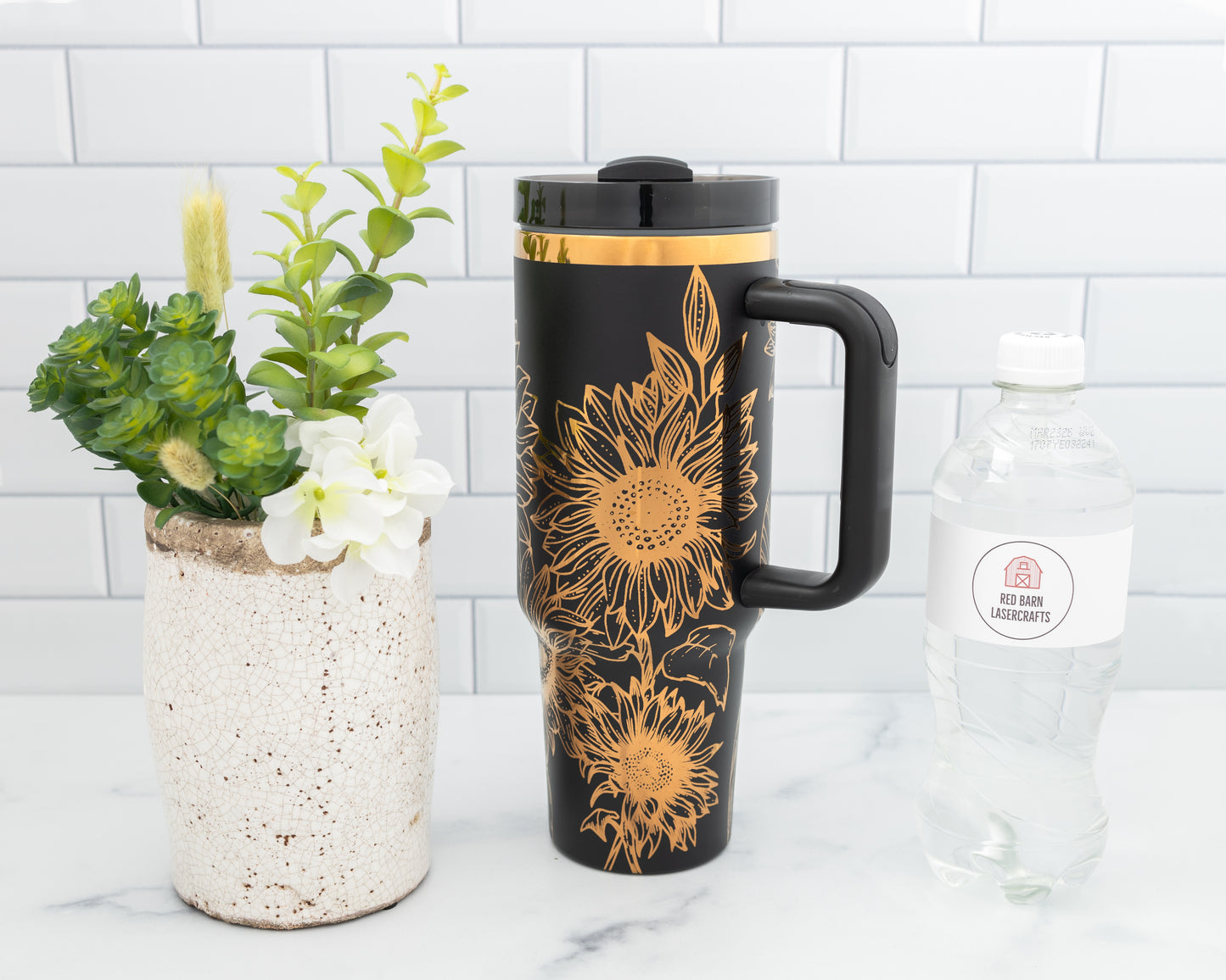 40oz Black or Cream Tumbler with Handle Laser Engraved with Sunflowers