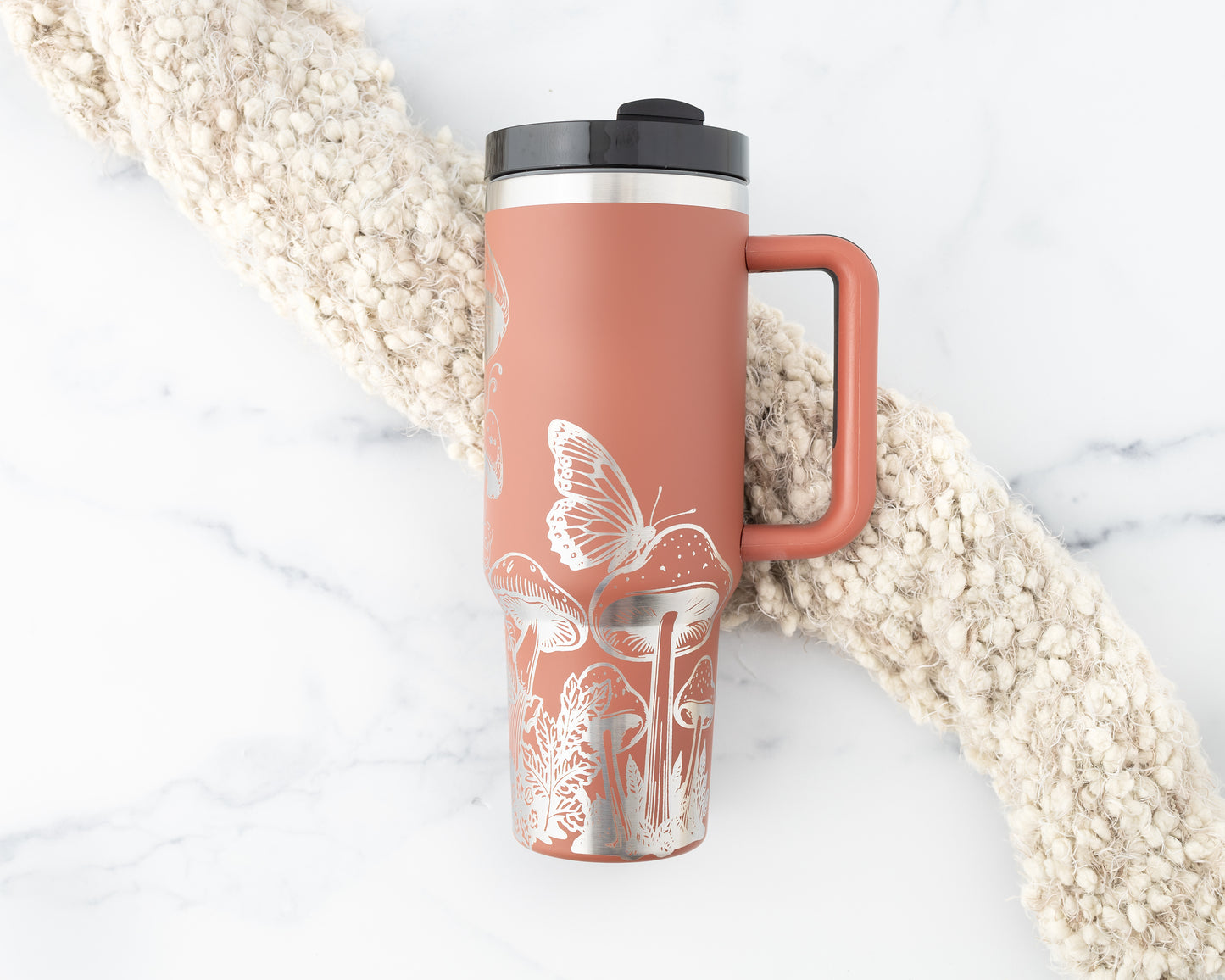 40oz Tumbler with Handle Laser Engraved with Mushroom and Butterfly Design