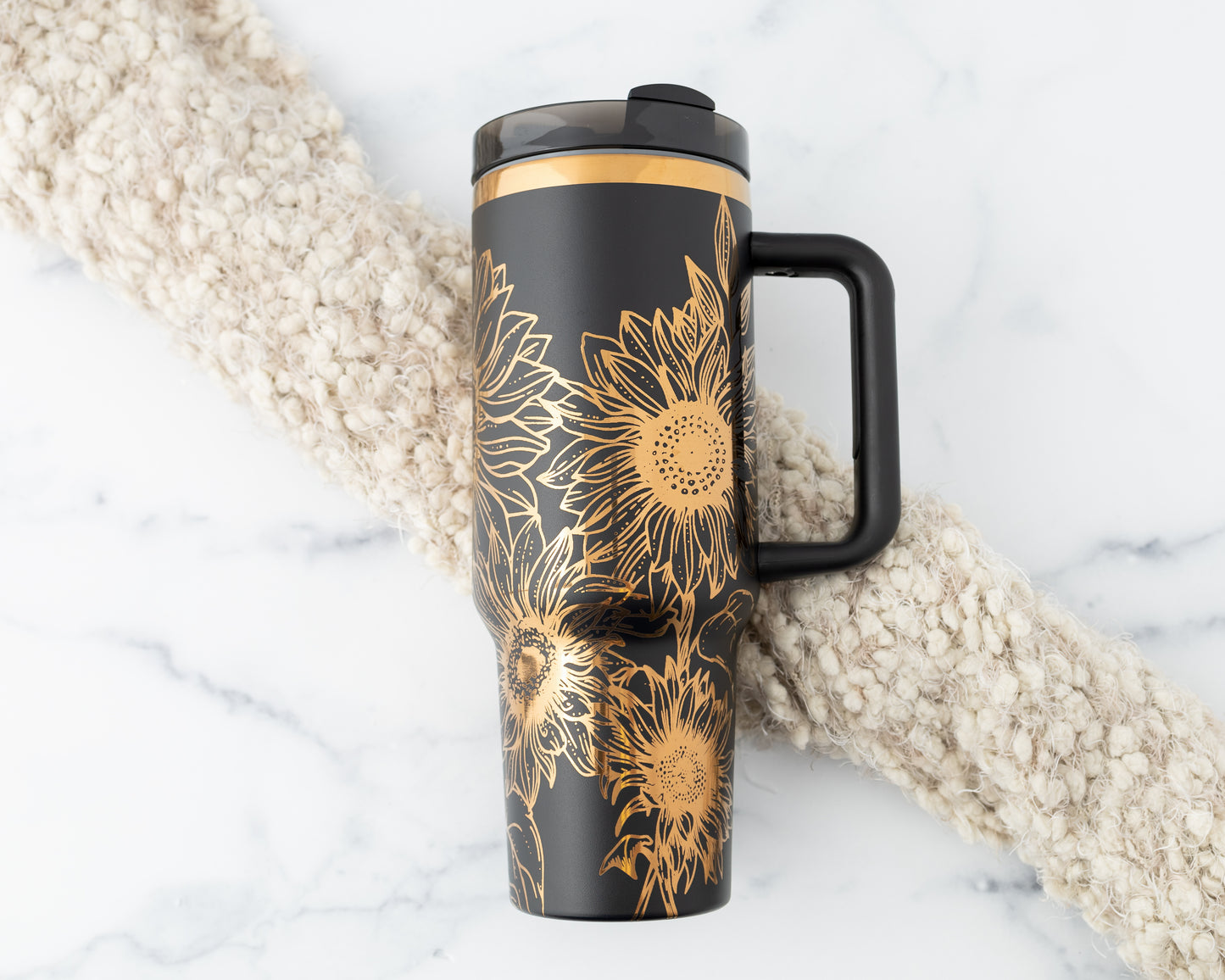 40oz Black or Cream Tumbler with Handle Laser Engraved with Sunflowers