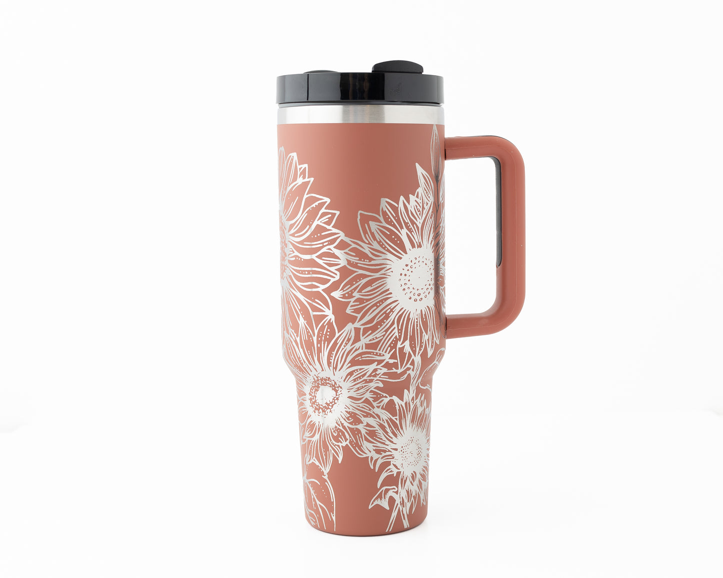 40oz Tumbler with Handle Laser Engraved with Sunflower design