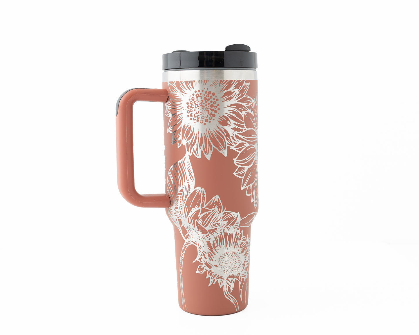40oz Tumbler with Handle Laser Engraved with Sunflower design
