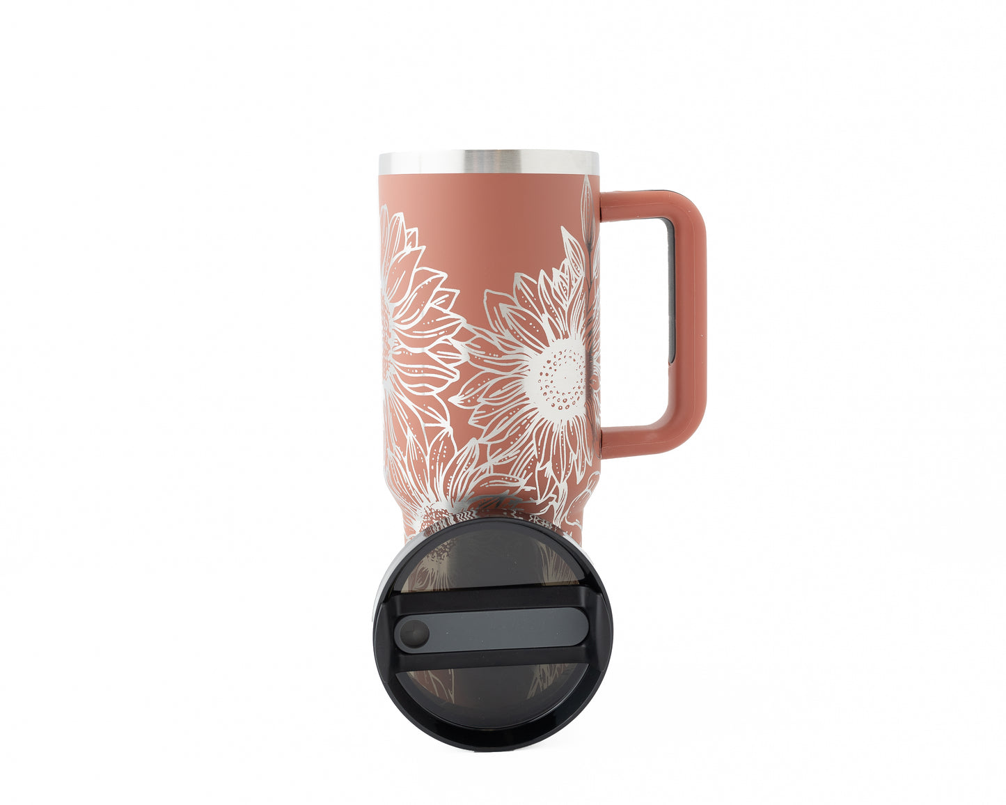 40oz Tumbler with Handle Laser Engraved with Sunflower design