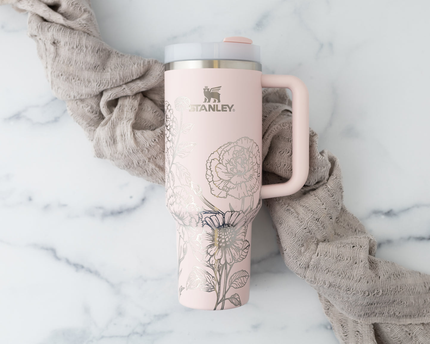 40oz Stanley Tumbler Laser Engraved with Zinnia & Carnation Floral Design