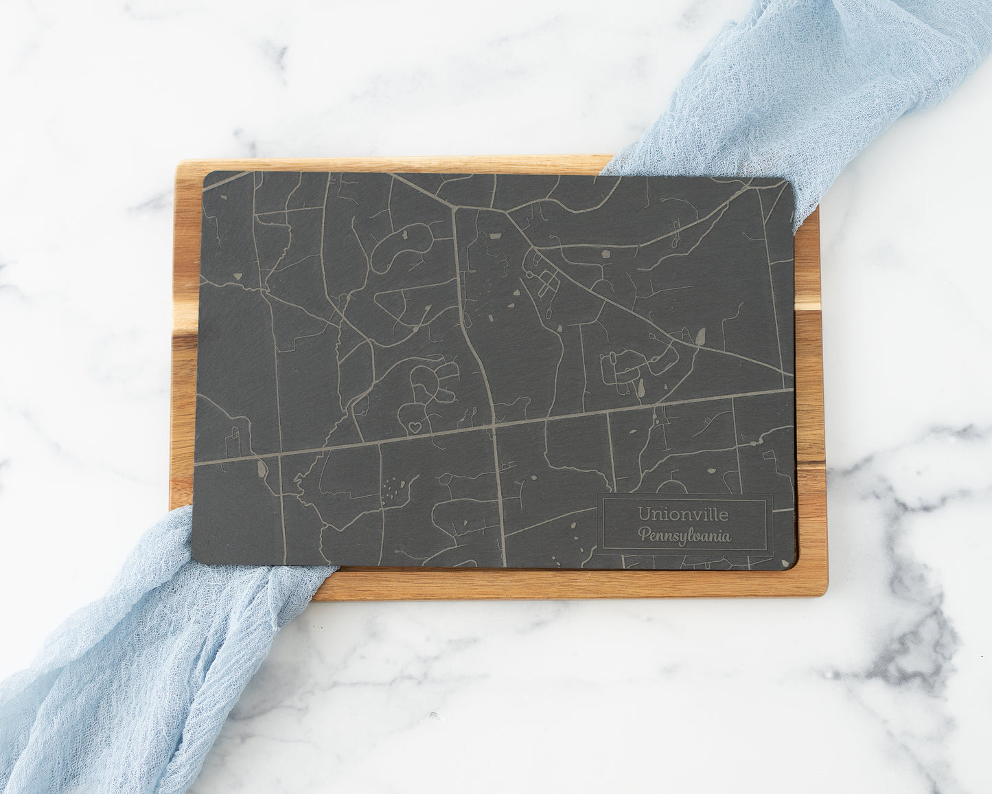 Custom Map Slate & Acacia Wood Serving Board – Personalized City, Lake, or Landmark Engraving