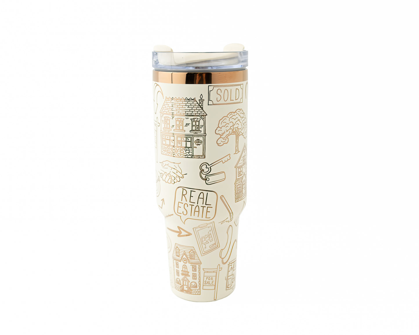 Tumbler with real estate-themed design on a white background