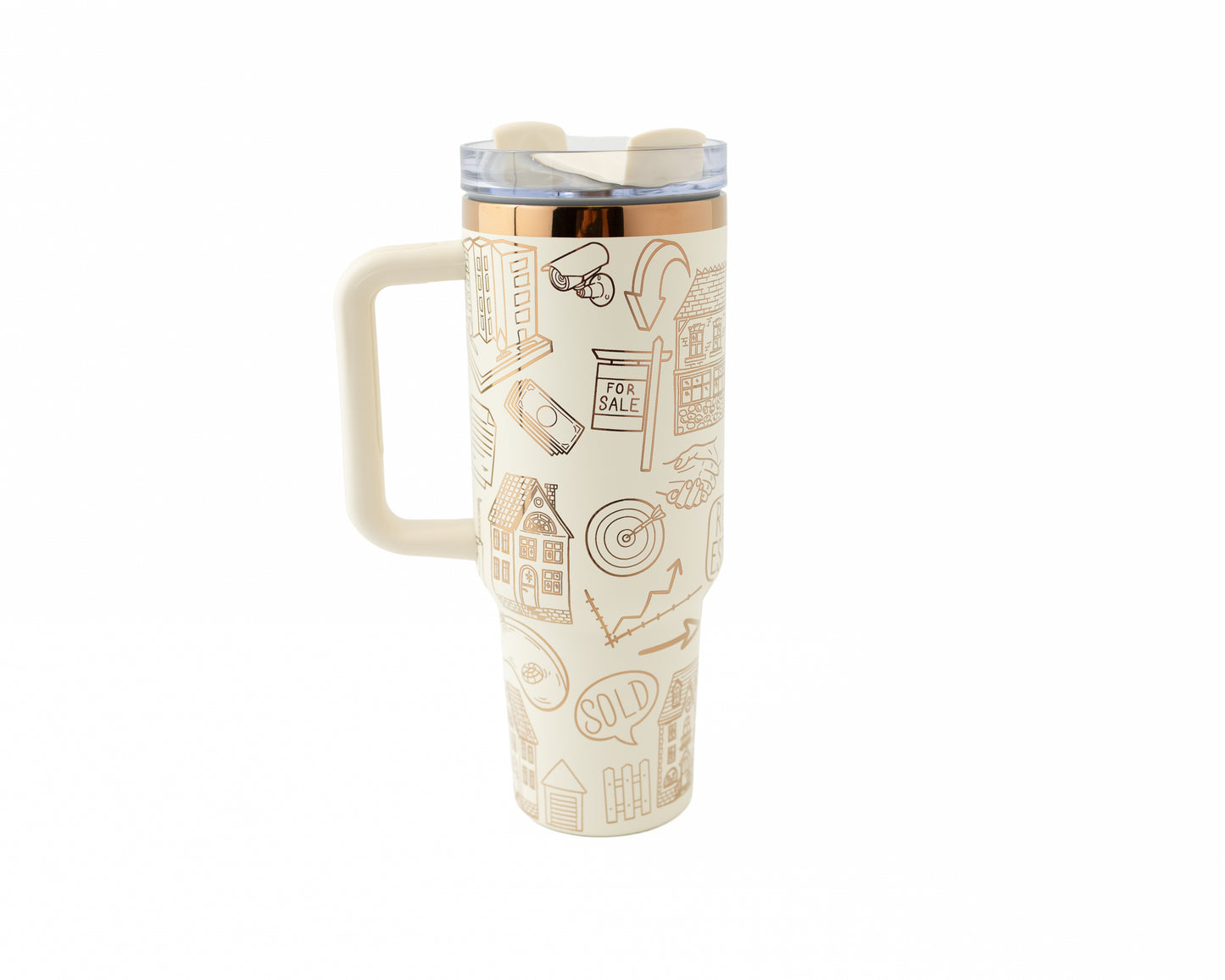 Tumbler with real estate-themed design on a white background