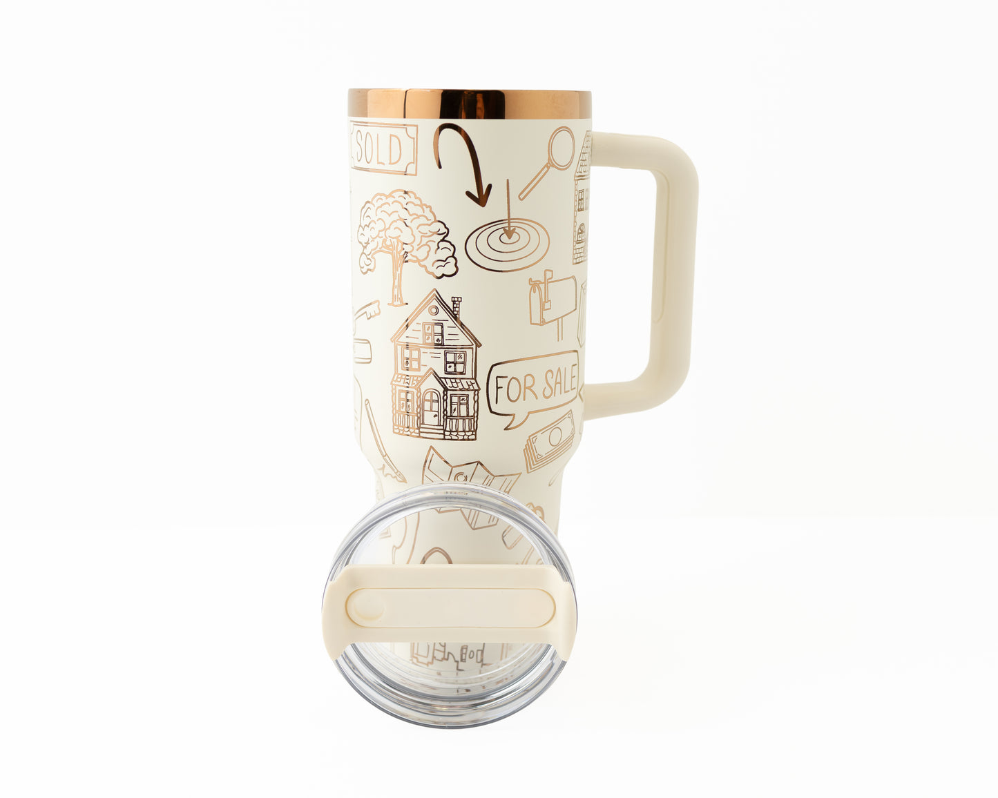 Tumbler with real estate-themed design on a white background