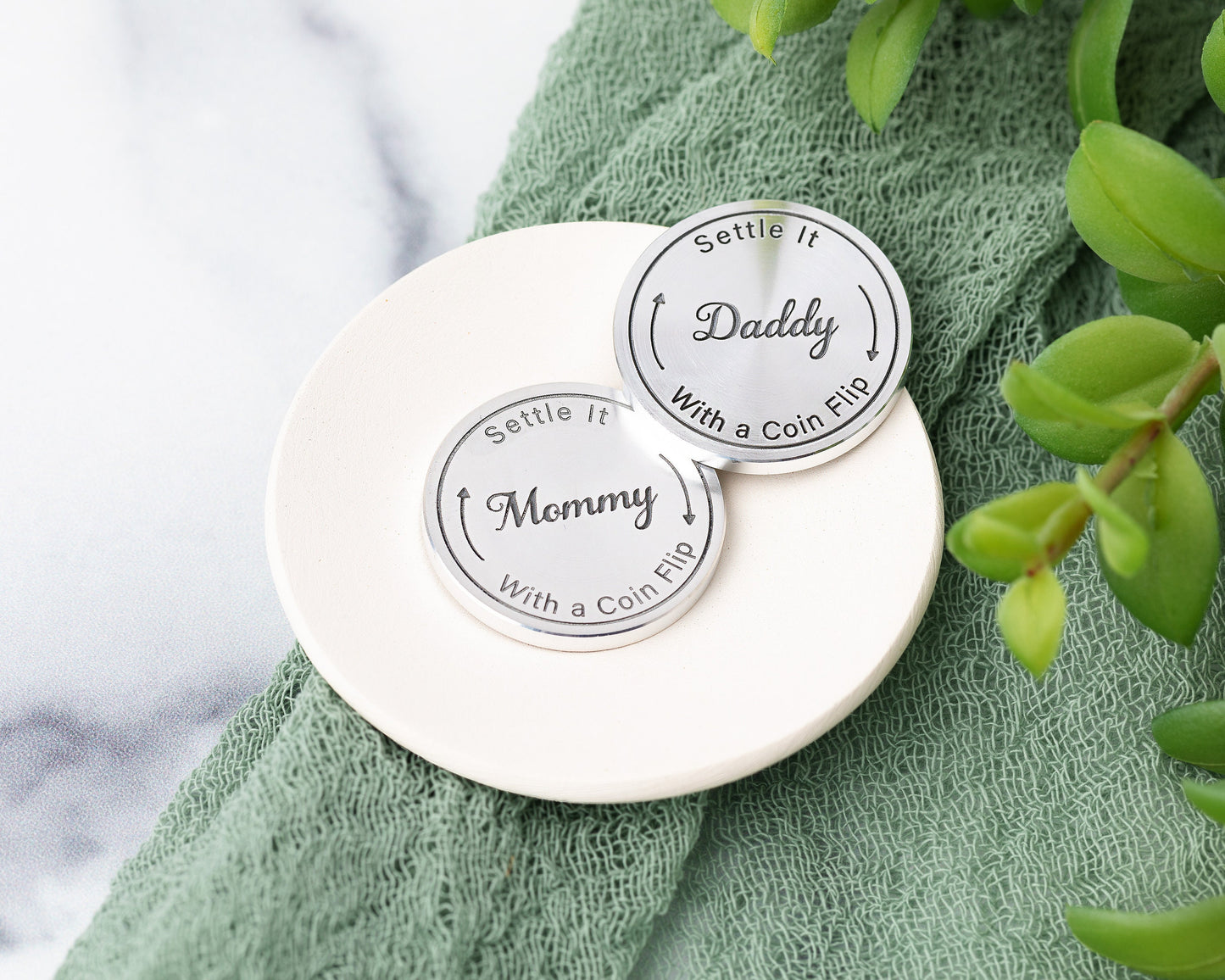 Mommy vs Daddy Flip Coin – Engraved Aluminum Gift for New Parents