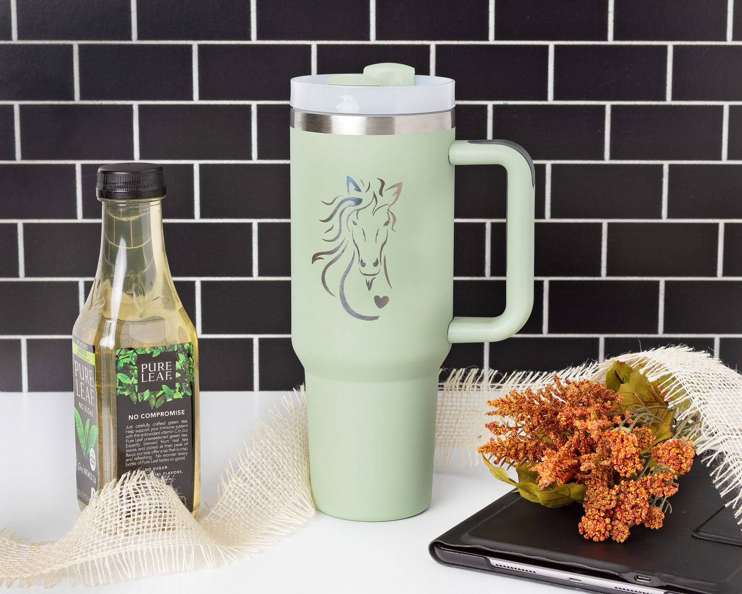 40oz Tumbler with Handle Laser Engraved with Horse and Heart Design
