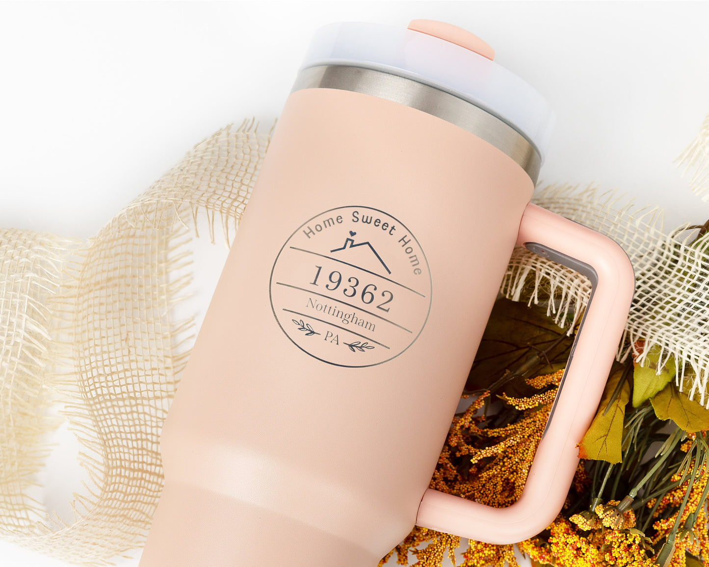 40oz Tumbler with Handle Laser Engraved with Custom "Home Sweet Home" City, State & Zip