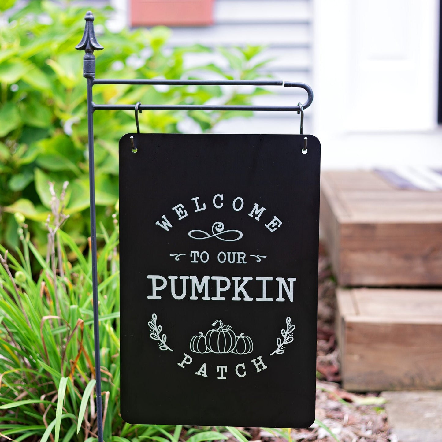 Metal Garden Flag – "Welcome to Our Pumpkin Patch" Engraved Fall Yard Sign