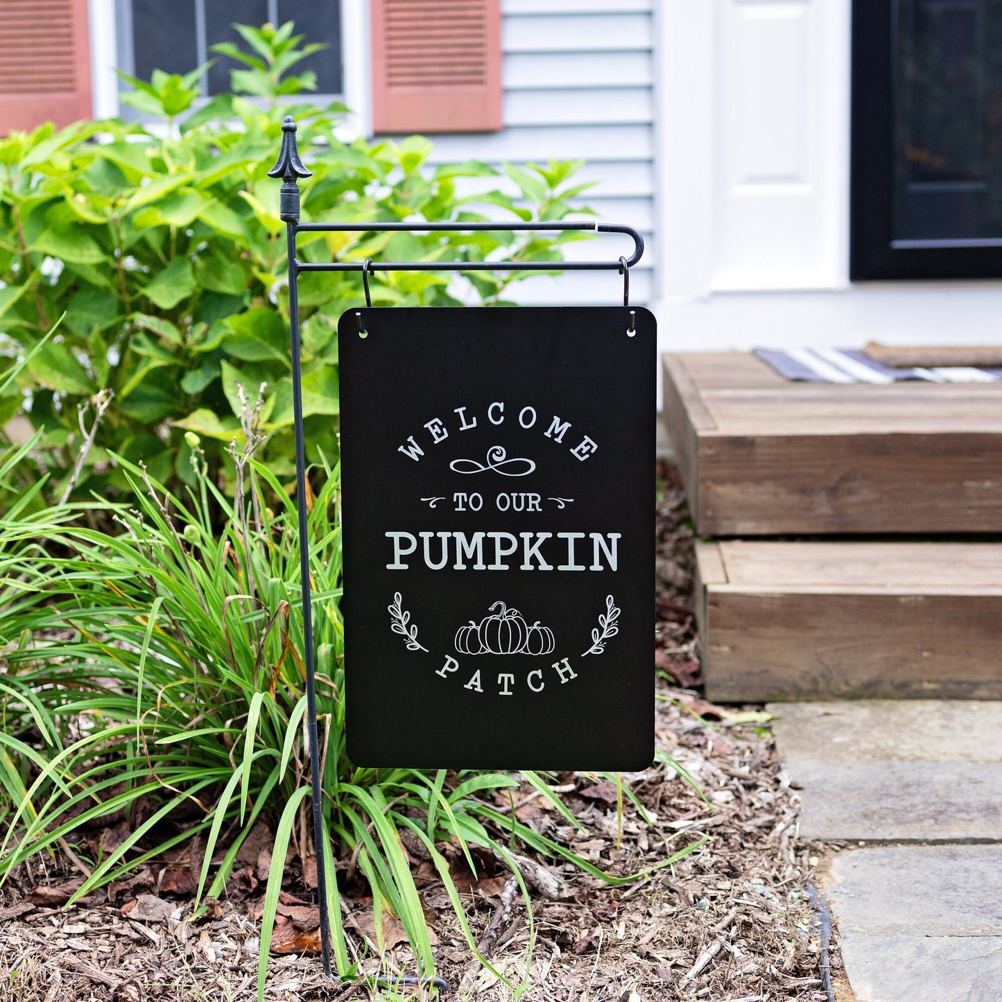 Metal Garden Flag – "Welcome to Our Pumpkin Patch" Engraved Fall Yard Sign