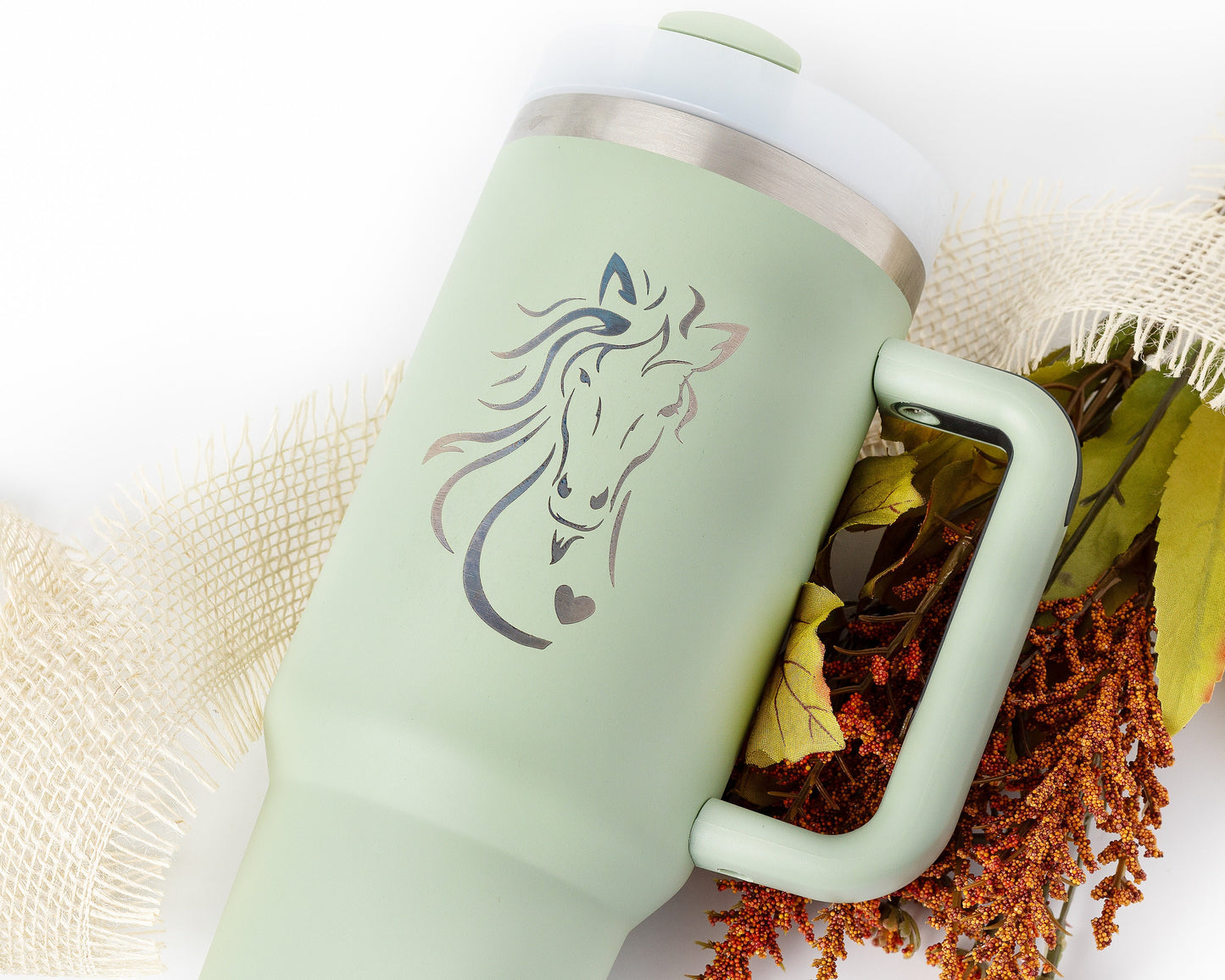 40oz Tumbler with Handle Laser Engraved with Horse and Heart Design