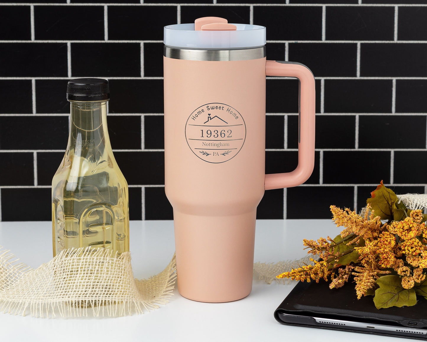 40oz Tumbler with Handle Laser Engraved with Custom "Home Sweet Home" City, State & Zip