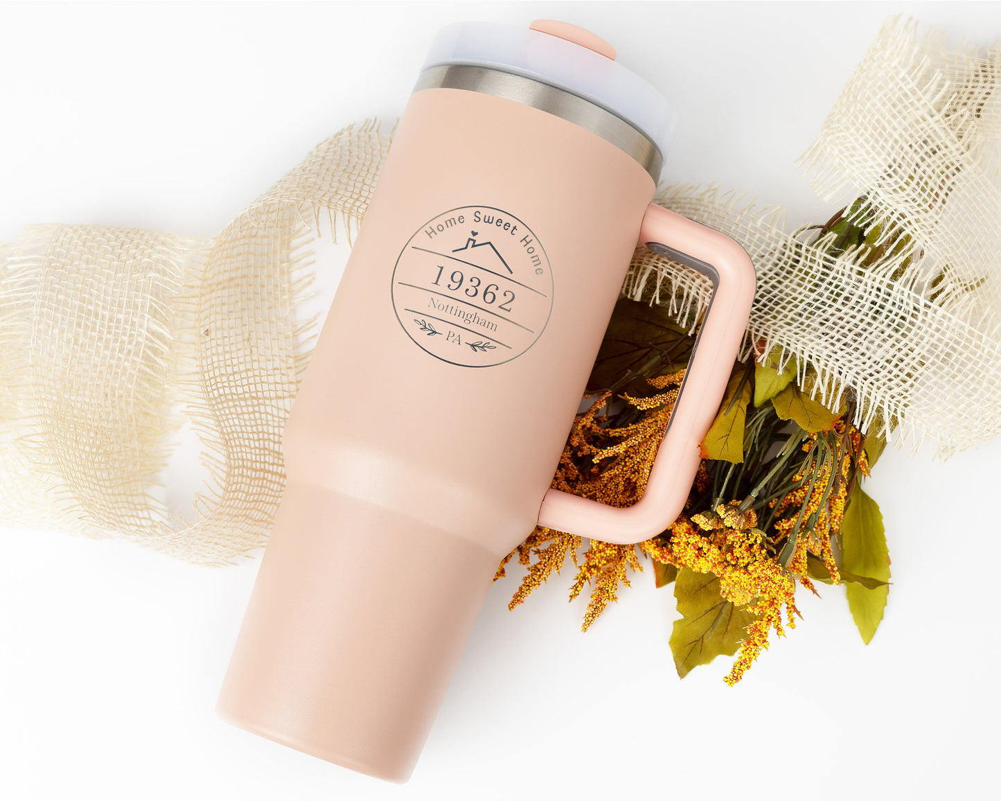 40oz Tumbler with Handle Laser Engraved with Custom "Home Sweet Home" City, State & Zip