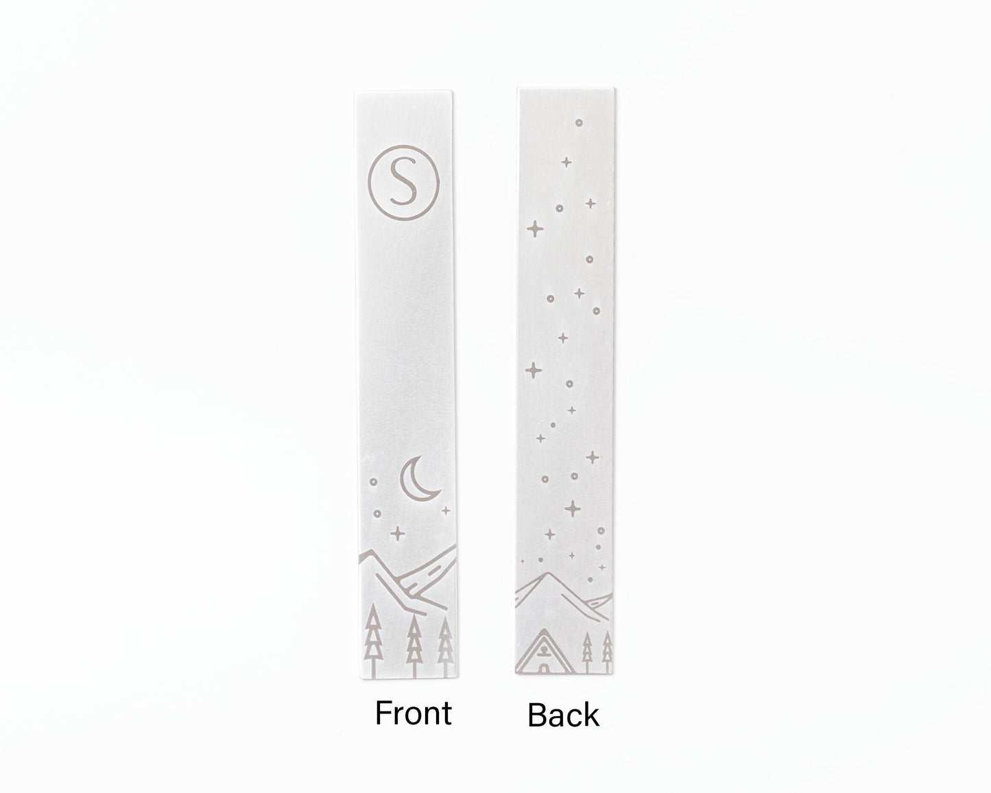 Aluminum Monogram Bookmark featuring mountains, trees, and stars design